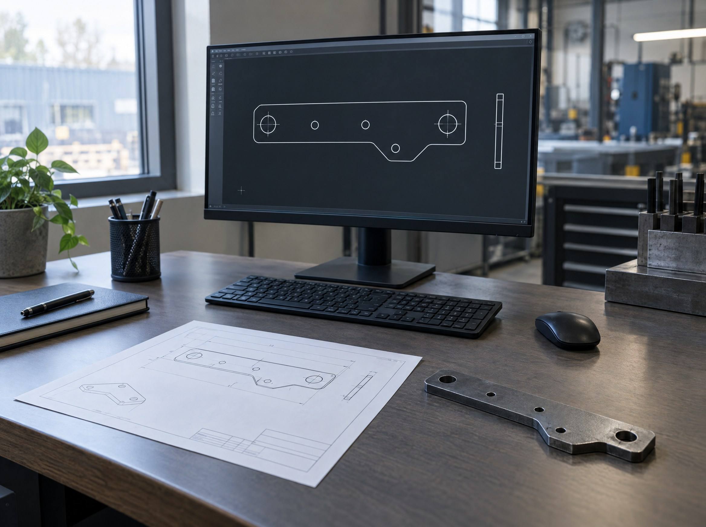 Desen CAD al unei console pe monitor, lângă desenul tipărit și piesa tăiată