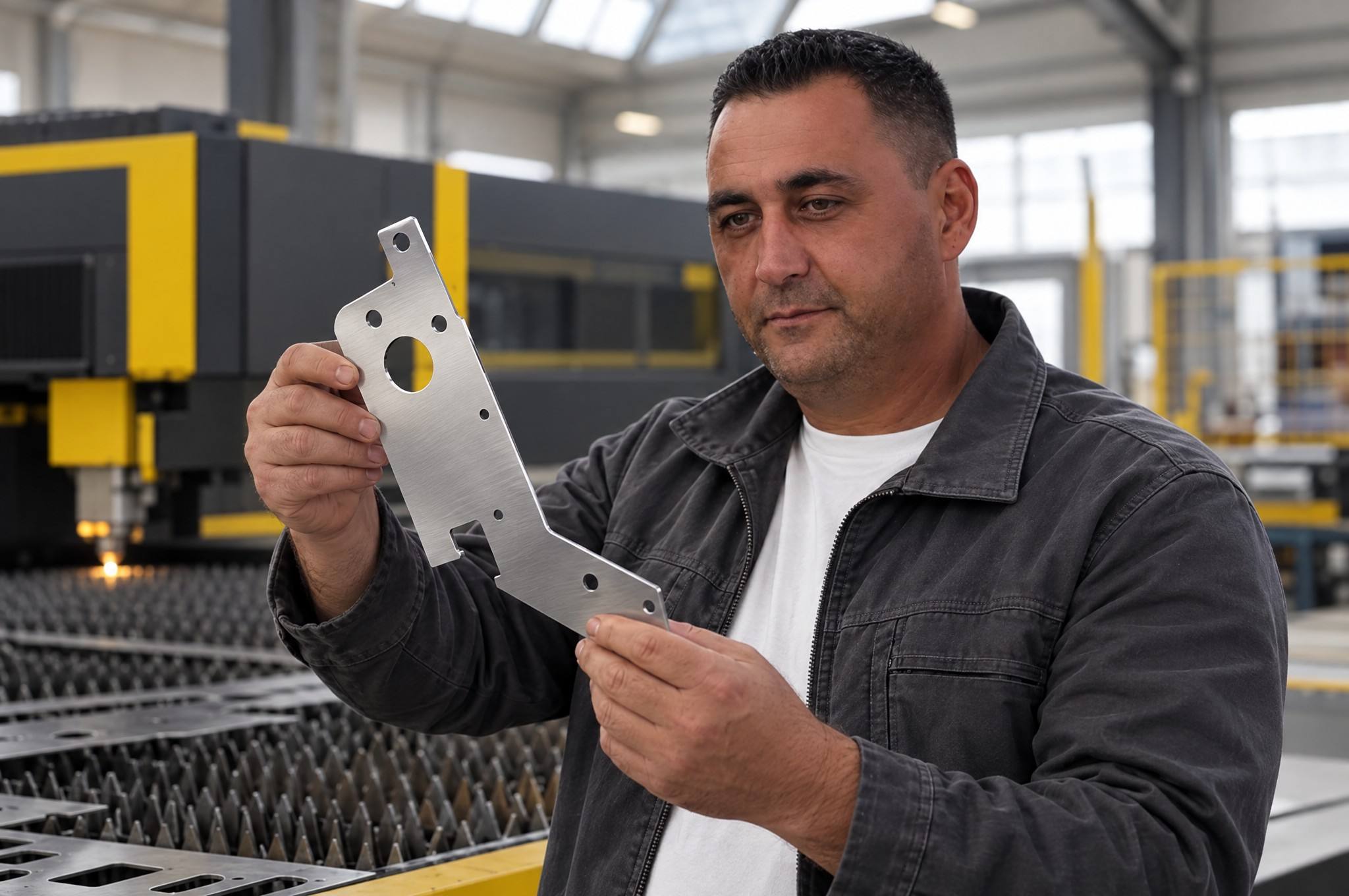 Marius verifică o piesă din inox proaspăt tăiată, cu laserul lucrând în spate